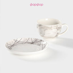 Чайная пара Доляна «Мрамор», 2 предмета: чашка 280 мл, блюдце d=15 см, фарфор