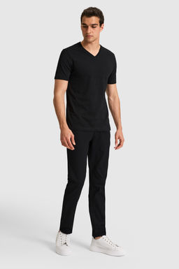 Erkek Regular Fit V Yaka Siyah Basic Ti__rt