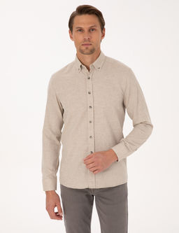 Bej Flanel Dokulu Slim Fit Uzun Kollu G_mlek