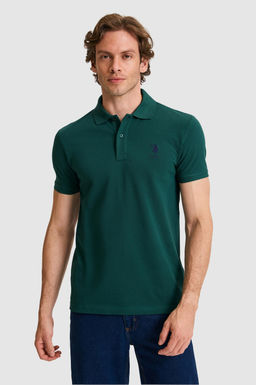 Erkek Slim Fit Polo Yaka Koyu Ye_il Basic Ti__rt