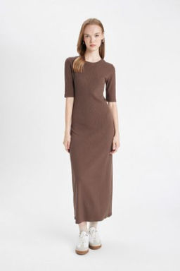 Bodycon Vucuda Oturan Bisiklet Yaka Basic Duz Fitilli Kaskorse K?sa Kollu Maxi Elbise