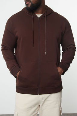 Kahverengi Buyuk Beden Oversize Basic Kapusonlu Fermuarl? Ici Polar Pamuk Sweatshirt TMNAW24AO00003