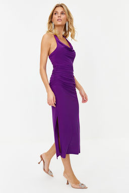 Mor Vucuda Oturan Degaje Yaka Orme S?k Abiye Elbise TPRSS24EL00015