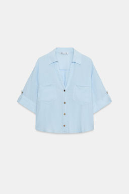 CAMISA CORTA CON LINO / Celeste