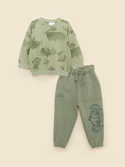 Bisiklet Yaka Uzun Kollu Aslan Kral Bask?l? Erkek Bebek Sweatshirt ve Pantolon 2li Tak?m