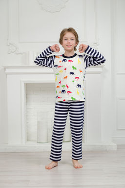 Пижама детская из джемпера и брюк без манжет из интерлока Сафари темно-синий полоса - Амадэль фото 4