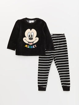 Bisiklet Yaka Uzun Kollu Mickey Mouse Nak??l? Kadife Erkek Bebek Pijama Tak?m?
