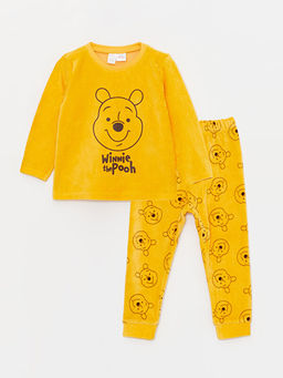 Bisiklet Yaka Uzun Kollu Winnie the Pooh Bask?l? Erkek Bebek Pijama Tak?m?