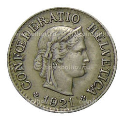 Монета 10 раппенов 1921 года Швейцария