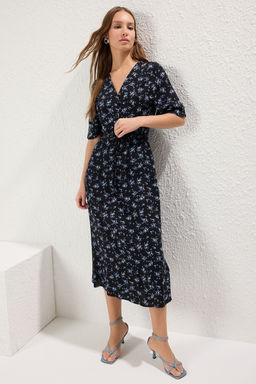 Siyah Kusakl? Cicek Desenli A Kesim Dugmeli Midi Dokuma Elbise TWOSS25EL00300 - Trendyolmilla фото 2