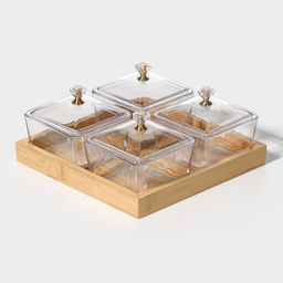 Менажница «Голд», 19.5×19.5 см, на бамбуковой подставке, с крышками, стекло, прозрачная