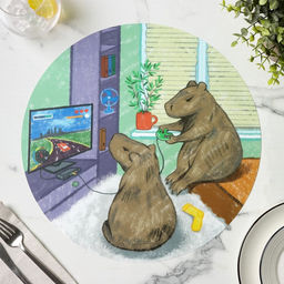 Цена за 4 шт. Салфетка сервировочная кухонная Доляна Капибары геймеры, настольное покрытие, d=36 см  фото 4