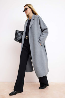 Vizon %100 Yunlu Handmade Baglamal? Oversize Uzun Kaban TWOAW26KB00077 - Trendyolmilla фото 7