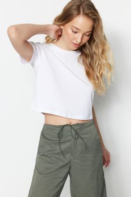 Haki-Beyaz 2li Paket %100 Pamuk Crop Bisiklet Yaka Orme T-Shirt TWOSS20TS1480