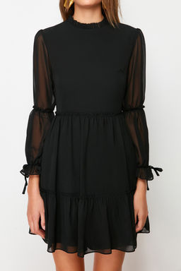 Trendyolmilla Mavi Duz Belden Ac?lan Dik Yaka Buzgulu Mini Astarl? Dokuma K?sl?k Elbise TWOAW20EL0345  фото 5