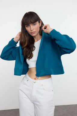 Petrol Fermuarl? Kapusonlu Rahat Kesim Crop Kal?n Ici Polarl? Orme Sweatshirt TWOAW20SW0660