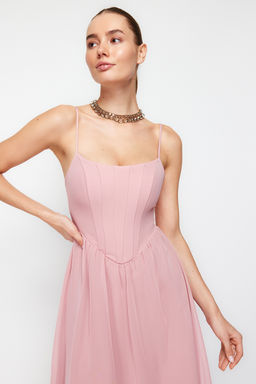 TRENDYOLMILLA Siyah A-Kesim Astarl? Korse Detayl? Dokuma Tul S?k Abiye Elbise TPRSS24EL00041