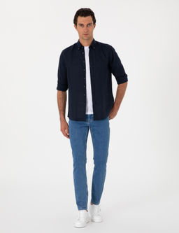Lacivert Regular Fit %100 Keten G_mlek