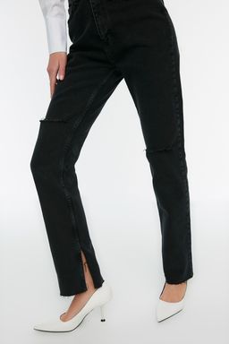 Siyah Recycle Y?rtmacl? Y?rt?k Detayl? Yuksek Bel Flare Jeans TWOSS22JE0599
