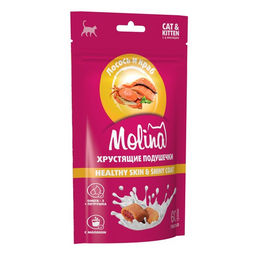 MOLINA Лакомство д/кош. и кот. Хруст. подушеч. с нач. из лосося и краба, HEALTHY SKIN & COAT, 60г  фото 2