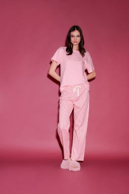 Fall in Love Sevgililer Gunu Pijama Tak?m? K?sa Kollu Ust Esnek Belli Uzun Alt