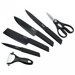 Набор ножей Linea Notte 6 предметов, ножи из нержавеющей стали с двухсторонней заточкой, ножницы и овощечистка с керамическим лезвием, ручки из полипропилена с термопластичной резиной, черный, в цветной коробке, Regent (Китай)