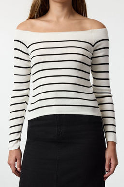 Ekru Kay?k Yaka Cizgili Triko Kazak TWOAW25KZ00360 - Trendyolmilla фото 4