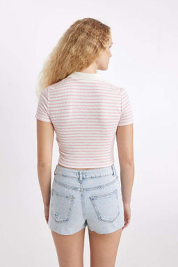 Приталенная футболка с короткими рукавами и воротником-поло в рубчик - Defacto фото 5