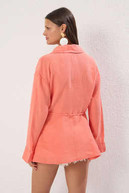 TRENDYOLMILLA Mercan Dokuma %100 Keten Baglamal? Plaj Gomlek TBESS25GO00015  фото 8