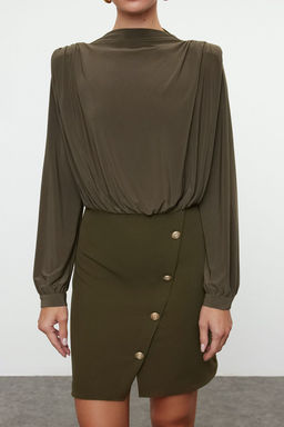 TRENDYOLMILLA Siyah Vucuda Oturan Vatkal? Dugme Detayl? Mini Dokuma Elbise TWOAW24EL00483  фото 23