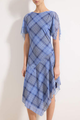 Cok Renkli Ekose Melek Kol K?sa Kollu Volanl?/F?rf?rl? Midi Kopuk Orme Elbise TWOSS26EL00146