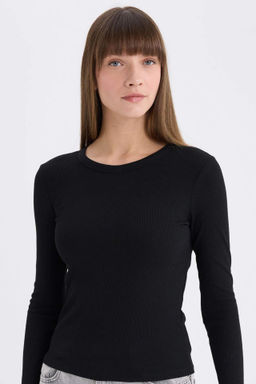 Slim Fit Dar Kesim Bisiklet Yaka Basic Duz Fitilli Kaskorse Uzun Kollu Tisort - Defacto фото 2