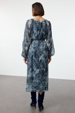 Lacivert Kusakl? Cicekli A Kesim Midi Astarl? Dokuma K?sl?k Elbise TWOAW25EL00498 - Trendyolmilla фото 5