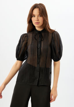 Блузка из органзы с бархатной завязкой и защипами OD-951-3 черный