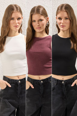 TRENDYOLMILLA Siyah-Ekru-Lacivert Fitted Crop Esnek Orme Atlet TWOSS25AL00053  фото 10