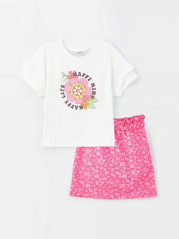 Bisiklet Yaka Bask?l? K?sa Kollu K?z ?ocuk Ti??rt ve Etek