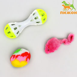 Набор игрушек для кошек: гантель 11 см, мышь 4 см, шар 4 см, цвет МИКС