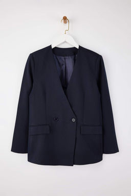 Lacivert V Yaka Kruvaze Kapama Dokuma Blazer Ceket TWOSS26BC00006