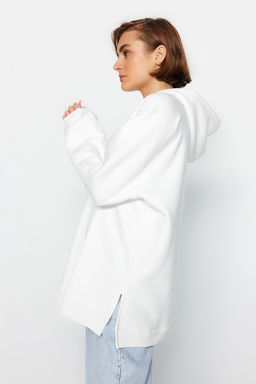Ekru Kapusonlu Oversize Sardonlu Orme Sweatshirt