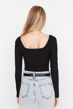 Siyah Kare Yaka Uzun Kollu Fitilli Esnek C?tc?tl? Orme Body TWOAW21BD0022