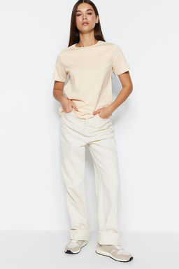 Ac?k Bej %100 Pamuk Basic Bisiklet Yaka Orme T-Shirt TWOSS23TS00000