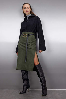 Haki Suet Midi Kalem Orme Etek TWOAW26ET00018 - Trendyolmilla фото 2