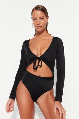 Siyah V Yaka Cut Out/Pencereli Uzun Kollu High Leg Mayo TBESS23MA00018