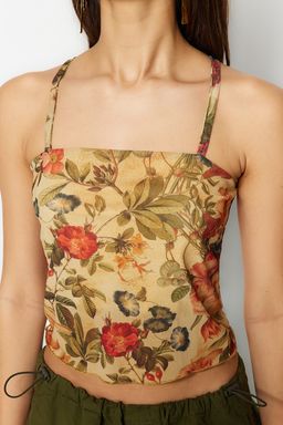 Cok Renkli Cicek Desenli Fitted/Vucuda Oturan Ask?l? Crop Astarl? Esnek Tul Orme Bluz TWOSS23BZ00710