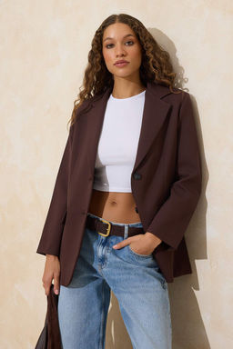 Koyu Kahverengi Oversize Dokuma Blazer Ceket TWOAW24BC00107