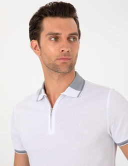 Beyaz Slim Fit %100 Pamuk Fermuarl_ Polo Yaka T-shirt - Cacharel фото 2