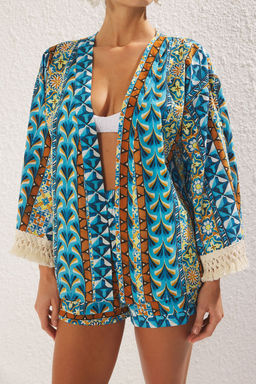 Etnik Desenli Dokuma Puskul Yuksek Bel %100 Pamuk Plaj Mini Kimono-Sort Tak?m TBESS25AU00017 - Trendyolmilla фото 3