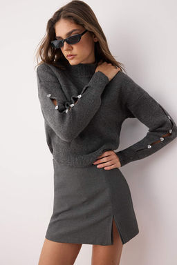 Antrasit Yumusak Dokulu Dugme Detayl? Triko Kazak TWOAW24KZ00384