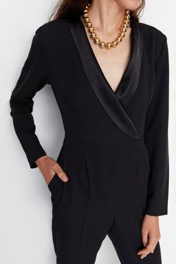 TRENDYOLMILLA Limited Edition Uzun Siyah Saten Yaka Detayl? Dokuma Tulum TWOAW23TU00052  фото 4