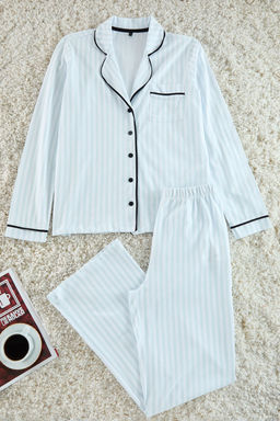 Trendyolmilla Pudra %100 Pamuklu Cizgili Biye Detayl? Orme Pijama Tak?m? THMAW21PT0614